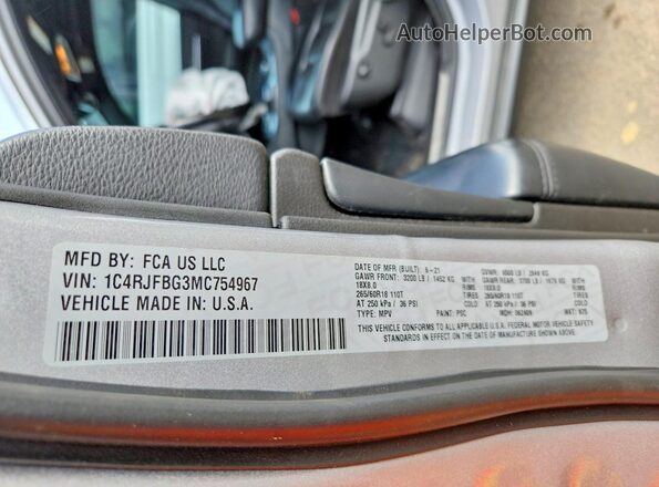 1C4RJFBG3MC754967 2021 JEEP GRAND Silver Vista de la etiqueta del VIN