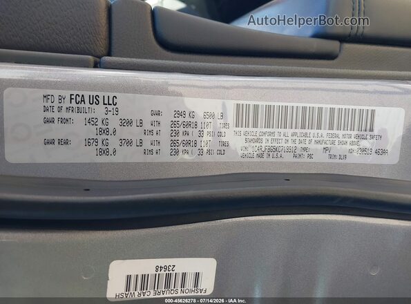 1C4RJFBG5KC719912 2019 JEEP GRAND CHEROKEE Silver Vista del compartimento del motor
