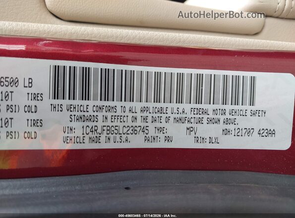 1C4RJFBG5LC236745 2020 JEEP GRAND CHEROKEE Red Շարժիչի բաժամունքի տեսք