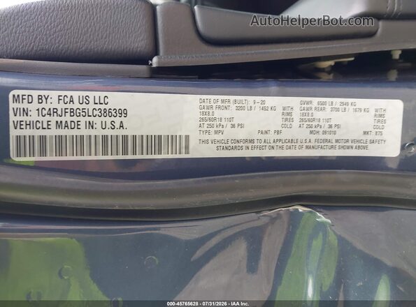 1C4RJFBG5LC386399 2020 JEEP GRAND CHEROKEE Blue Շարժիչի բաժամունքի տեսք