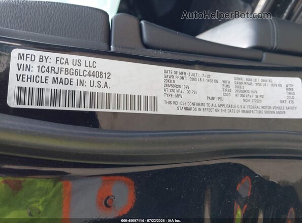 1C4RJFBG6LC440812 2020 JEEP GRAND CHEROKEE Black Вид підкапотного простору