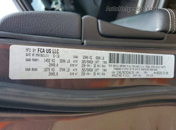 1C4RJFBG7GC461741 2016 JEEP GRAND Charcoal VIN კოდის სტიკერის ხედი