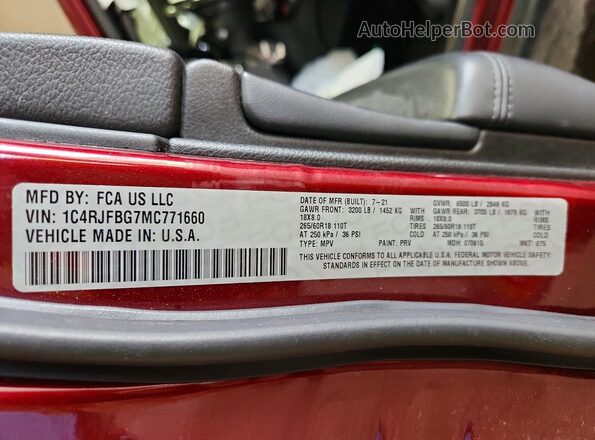 1C4RJFBG7MC771660 2021 JEEP GRAND Red Vista de la etiqueta del VIN