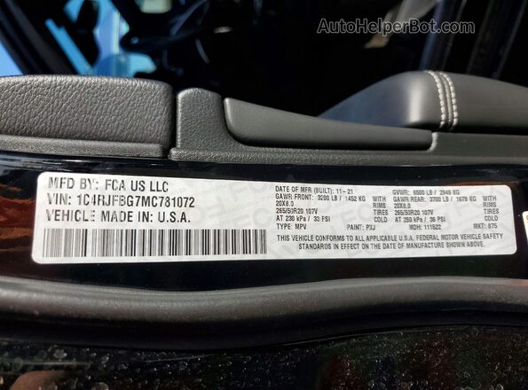 1C4RJFBG7MC781072 2021 JEEP GRAND Black Vista de la etiqueta del VIN