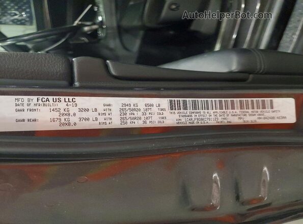 1C4RJFBG8KC791123 2019 JEEP GRAND Charcoal VIN კოდის სტიკერის ხედი