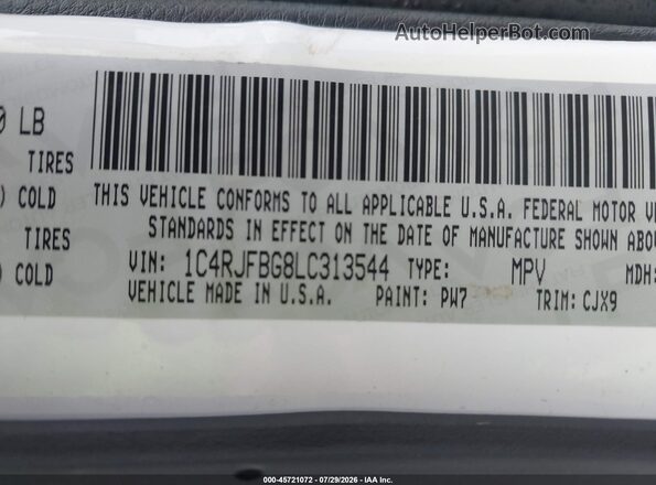 1C4RJFBG8LC313544 2020 JEEP GRAND CHEROKEE White Widok komory silnika