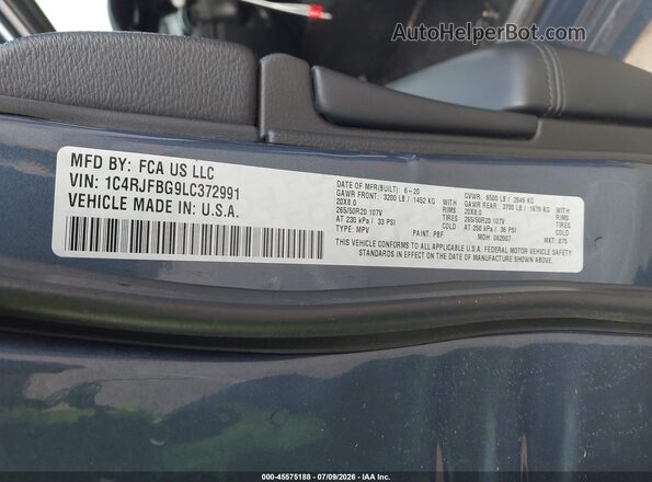 1C4RJFBG9LC372991 2020 JEEP GRAND CHEROKEE Синий Вид подкапотного пространства