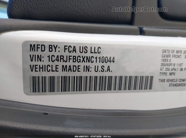 1C4RJFBGXNC110044 2022 JEEP GRAND CHEROKEE WK White Vista del compartimento del motor