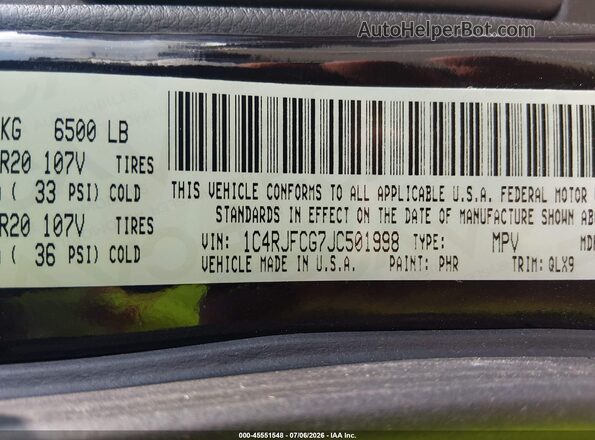 1C4RJFCG7JC501998 2018 JEEP GRAND CHEROKEE Black Engine compartment view