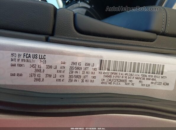 1C4RJFCG7KC840035 2019 JEEP GRAND CHEROKEE Gray Շարժիչի բաժամունքի տեսք