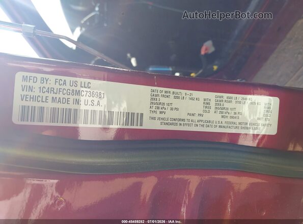 1C4RJFCG8MC736981 2021 JEEP GRAND CHEROKEE Красный Вид подкапотного пространства