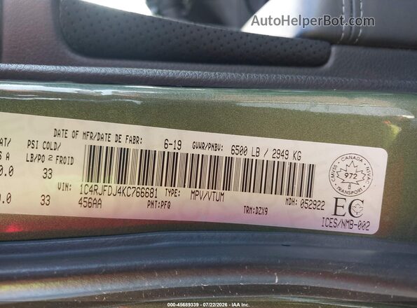 1C4RJFDJ4KC766681 2019 JEEP GRAND CHEROKEE Зеленый Вид подкапотного пространства