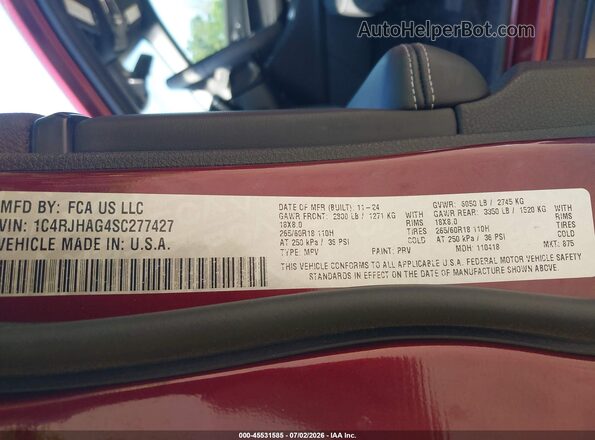 1C4RJHAG4SC277427 2025 JEEP GRAND CHEROKEE Maroon Engine compartment view