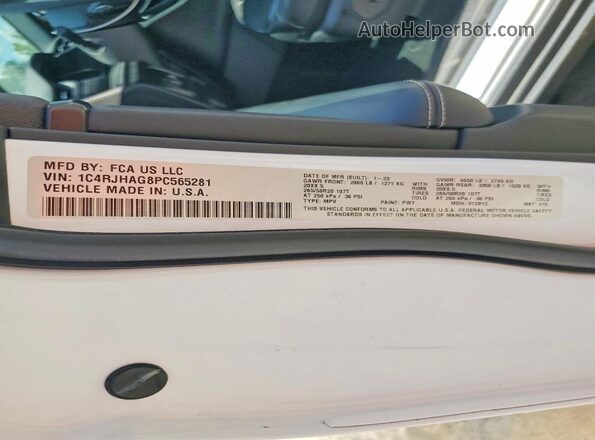 1C4RJHAG8PC565281 2023 JEEP GRAND White VIN კოდის სტიკერის ხედი
