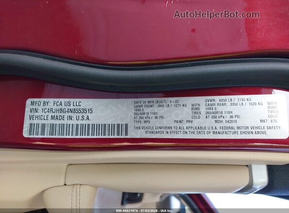 1C4RJHBG4N8553515 2022 JEEP GRAND CHEROKEE Burgundy Widok komory silnika