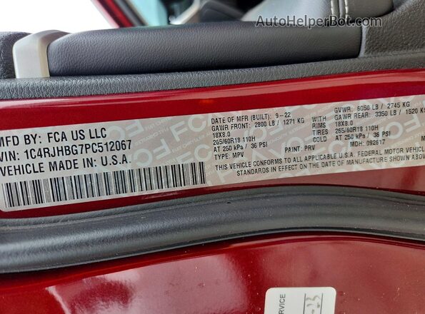 1C4RJHBG7PC512067 2023 JEEP GRAND Burgundy Вид наклейки з VIN-кодом