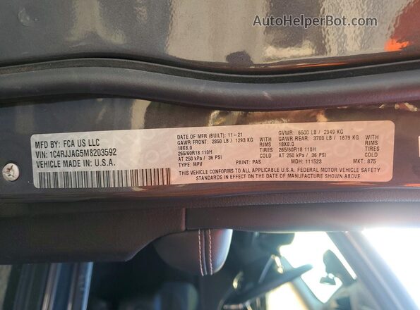 1C4RJJAG5M8203592 2021 JEEP GRAND Gray Widok naklejki z numerem VIN