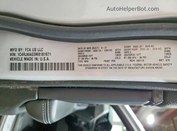 1C4RJKAG3M8181971 2021 JEEP GRAND Silver Vista de la etiqueta del VIN