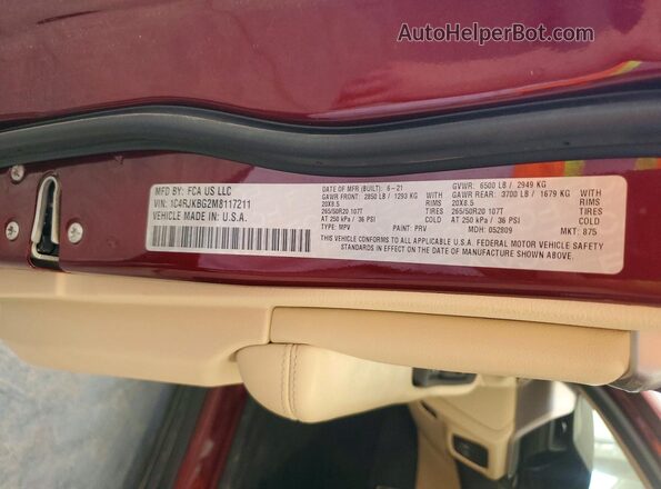 1C4RJKBG2M8117211 2021 JEEP GRAND Maroon Vista de la etiqueta del VIN