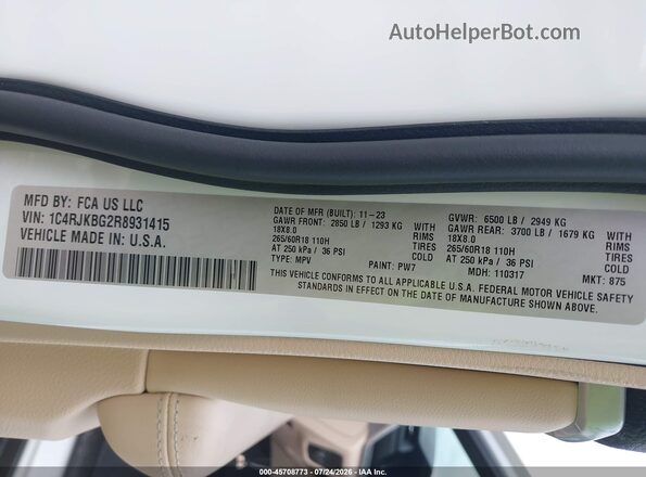 1C4RJKBG2R8931415 2024 JEEP GRAND CHEROKEE L White Vista del compartimento del motor