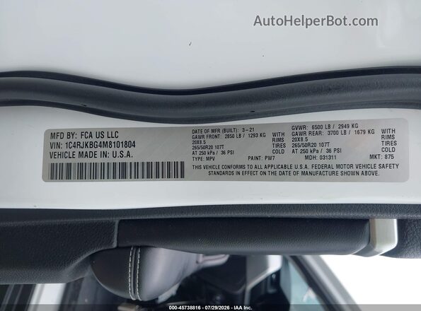 1C4RJKBG4M8101804 2021 JEEP GRAND CHEROKEE L Белый Вид подкапотного пространства