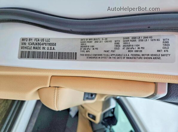 1C4RJKBG4P8795558 2023 JEEP GRAND White Vista de la etiqueta del VIN