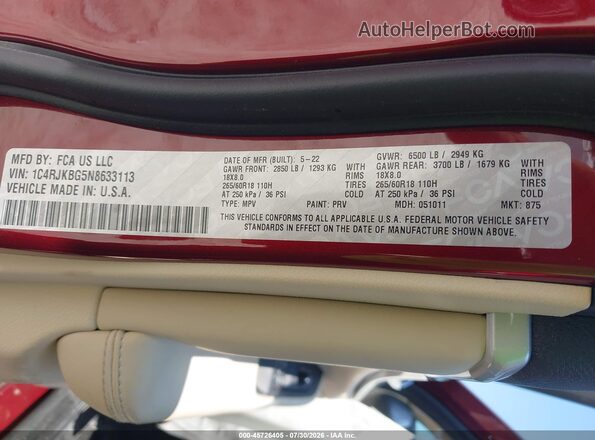 1C4RJKBG5N8633113 2022 JEEP GRAND CHEROKEE L Красный Вид подкапотного пространства