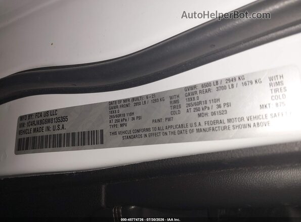 1C4RJKBG6M8135355 2021 JEEP GRAND CHEROKEE L White Vista del compartimento del motor