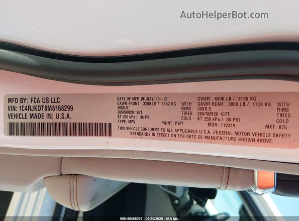 1C4RJKDT8M8168299 2021 JEEP GRAND CHEROKEE L White Vista del compartimento del motor
