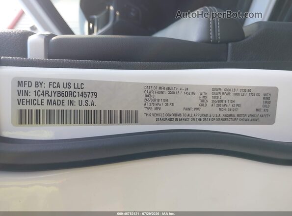 1C4RJYB60RC145779 2024 JEEP GRAND CHEROKEE 4XE White Vista del compartimento del motor