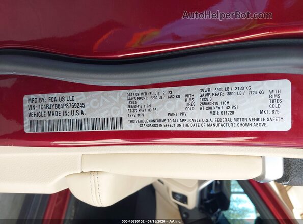 1C4RJYB64P8769245 2023 JEEP GRAND CHEROKEE 4XE Burgundy Շարժիչի բաժամունքի տեսք