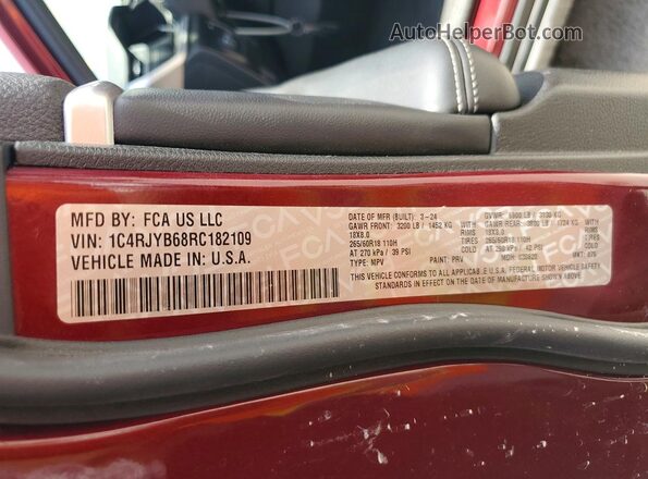 1C4RJYB68RC182109 2024 JEEP GRAND Burgundy Vista de la etiqueta del VIN