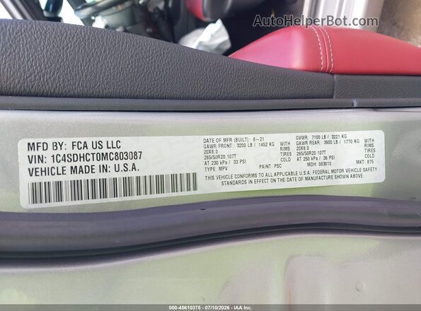 1C4SDHCT0MC803087 2021 DODGE DURANGO Gray Vista del compartimento del motor