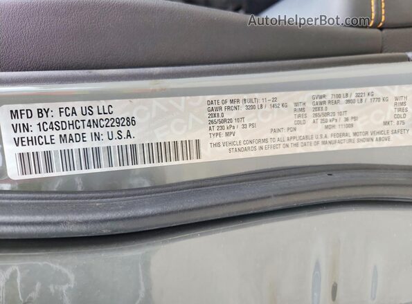 1C4SDHCT4NC229286 2022 DODGE DURANGO Gray სალონის 360-გრადუსიანი ხედი