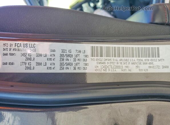 1C4SDHCT6JC289919 2018 DODGE DURANGO Gray VIN կոդի պիտակի տեսք
