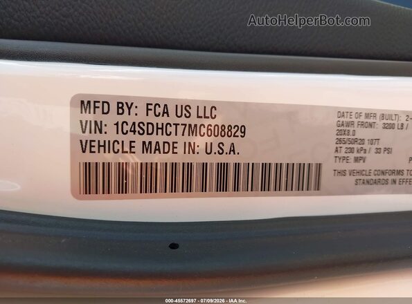 1C4SDHCT7MC608829 2021 DODGE DURANGO White Engine compartment view