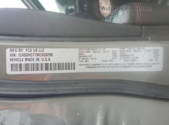 1C4SDHCT7MC609298 2021 DODGE DURANGO Gray Вид наклейки з VIN-кодом