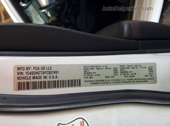 1C4SDHCT8PC557491 2023 DODGE DURANGO White Vista de la etiqueta del VIN