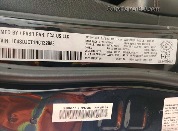 1C4SDJCT1NC132988 2022 DODGE DURANGO Black Вид наклейки з VIN-кодом