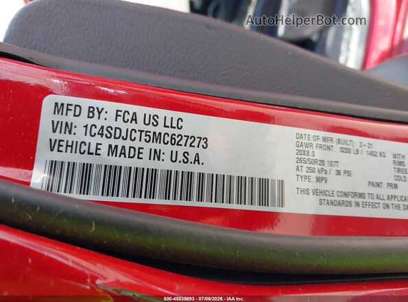 1C4SDJCT5MC627273 2021 DODGE DURANGO Red Շարժիչի բաժամունքի տեսք