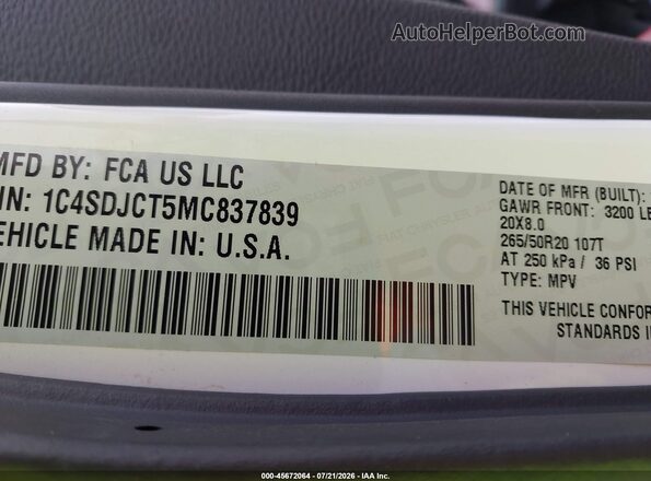 1C4SDJCT5MC837839 2021 DODGE DURANGO Белый Вид подкапотного пространства