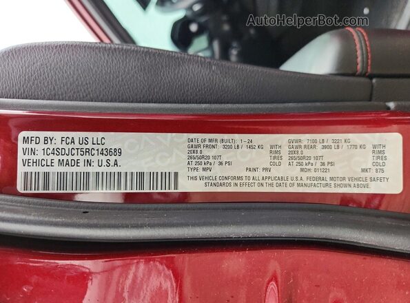 1C4SDJCT5RC143689 2024 DODGE DURANGO Maroon Widok naklejki z numerem VIN