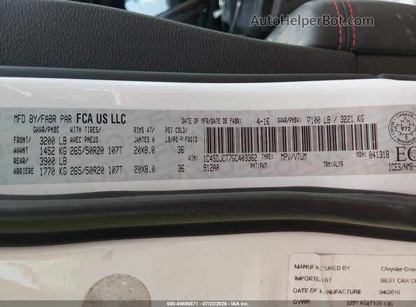 1C4SDJCT7GC403362 2016 DODGE DURANGO White Vista del compartimento del motor