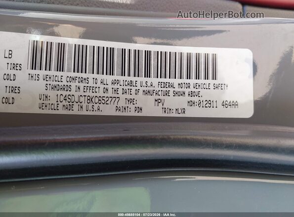 1C4SDJCT8KC652777 2019 DODGE DURANGO Gray Widok komory silnika