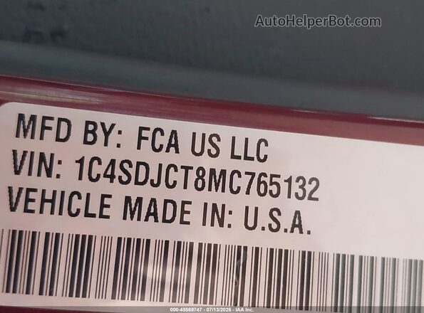 1C4SDJCT8MC765132 2021 DODGE DURANGO Темно-бордовый Вид подкапотного пространства