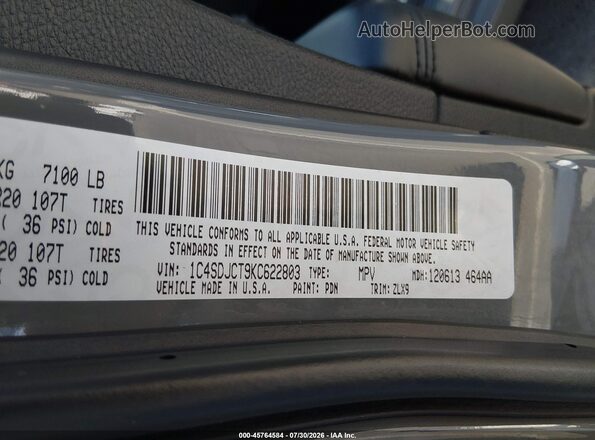1C4SDJCT9KC622803 2019 DODGE DURANGO Gray Շարժիչի բաժամունքի տեսք