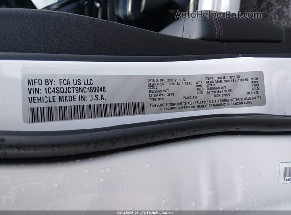 1C4SDJCT9NC189648 2022 DODGE DURANGO White ძრავის განყოფილების ხედი