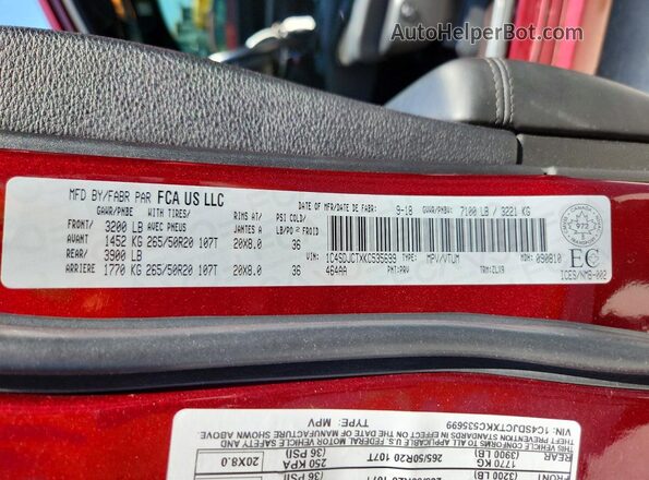 1C4SDJCTXKC535699 2019 DODGE DURANGO Burgundy Widok wnętrza 360 stopni