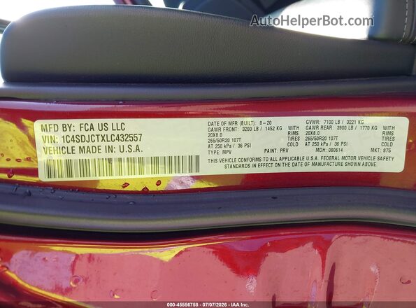 1C4SDJCTXLC432557 2020 DODGE DURANGO Maroon ძრავის განყოფილების ხედი