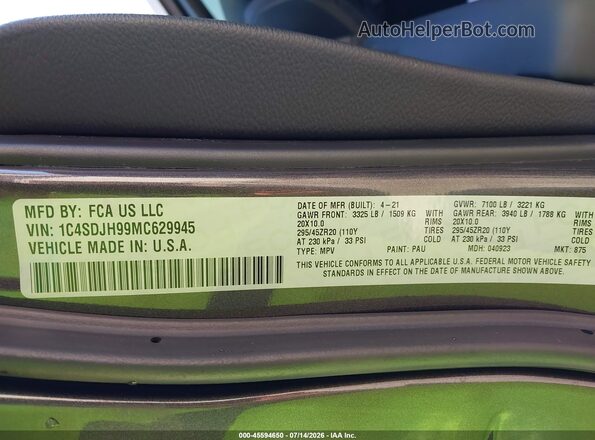 1C4SDJH99MC629945 2021 DODGE DURANGO Gray Vista del compartimento del motor